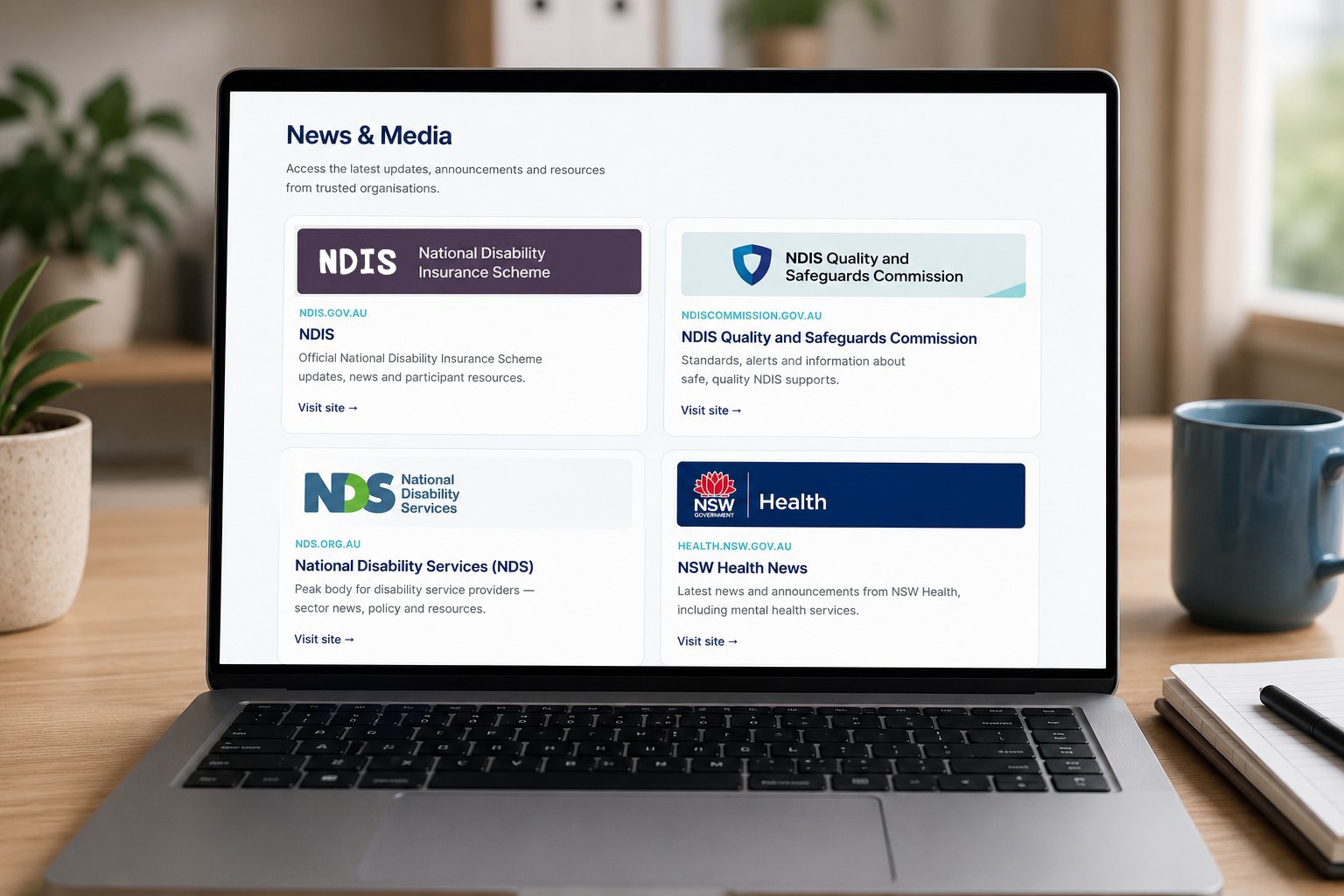 News and media resources displayed on a laptop